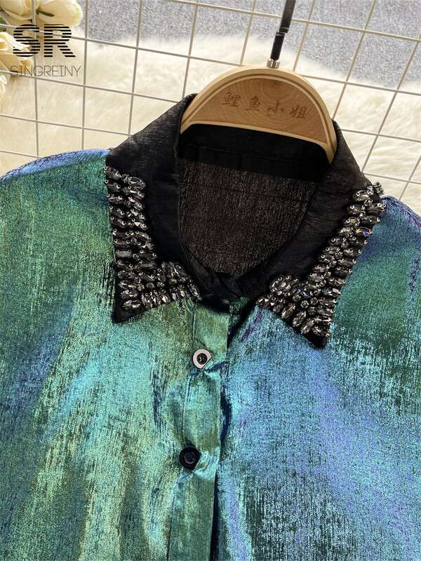 SINGREINY Shine Diamonds alkalmi ing, női hajtóka, hosszú ujjú tavaszi őszi divat hölgyeknek Luxus utcai viselet hajtókás blúz
