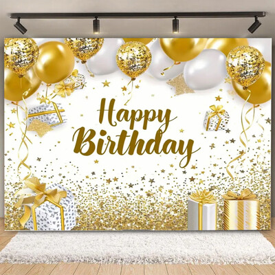 Fundal pentru petrecere de naștere cu sclipici auriu, albastru, balon, stand, banner, afiș, fundal pentru adulți, pentru petreceri cu tematică, cadouri