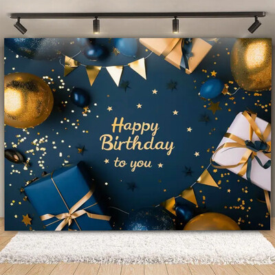 Fundal pentru petrecere de naștere cu sclipici auriu, albastru, balon, stand, banner, afiș, fundal pentru adulți, pentru petreceri cu tematică, cadouri