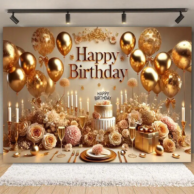Fundal pentru petrecere de naștere cu sclipici auriu, albastru, balon, stand, banner, afiș, fundal pentru adulți, pentru petreceri cu tematică, cadouri