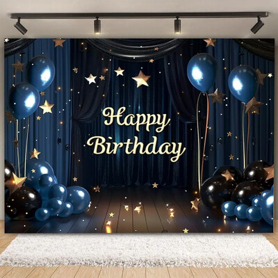 Fundal pentru petrecere de naștere cu sclipici auriu, albastru, balon, stand, banner, afiș, fundal pentru adulți, pentru petreceri cu tematică, cadouri