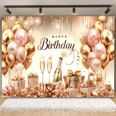 Fundal pentru petrecere de naștere cu sclipici auriu, albastru, balon, stand, banner, afiș, fundal pentru adulți, pentru petreceri cu tematică, cadouri