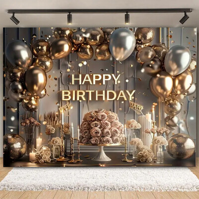 Fundal pentru petrecere de naștere cu sclipici auriu, albastru, balon, stand, banner, afiș, fundal pentru adulți, pentru petreceri cu tematică, cadouri