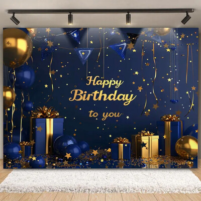 Fundal pentru petrecere de naștere cu sclipici auriu, albastru, balon, stand, banner, afiș, fundal pentru adulți, pentru petreceri cu tematică, cadouri