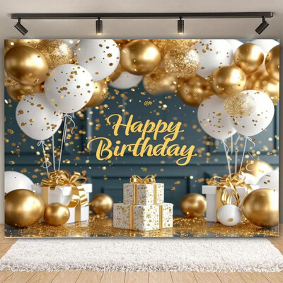 Fundal pentru petrecere de naștere cu sclipici auriu, albastru, balon, stand, banner, afiș, fundal pentru adulți, pentru petreceri cu tematică, cadouri