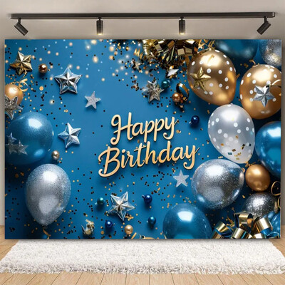 Fundal pentru petrecere de naștere cu sclipici auriu, albastru, balon, stand, banner, afiș, fundal pentru adulți, pentru petreceri cu tematică, cadouri