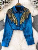 XFPV női gyémánt flitteres bő, egysoros blúz hajtóka, hosszú ujjú könnyű ingek 2024 tavaszi nyár SM10837