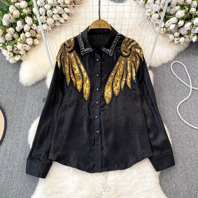 XFPV női gyémánt flitteres bő, egysoros blúz hajtóka, hosszú ujjú könnyű ingek 2024 tavaszi nyár SM10837