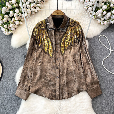 XFPV női gyémánt flitteres bő, egysoros blúz hajtóka, hosszú ujjú könnyű ingek 2024 tavaszi nyár SM10837