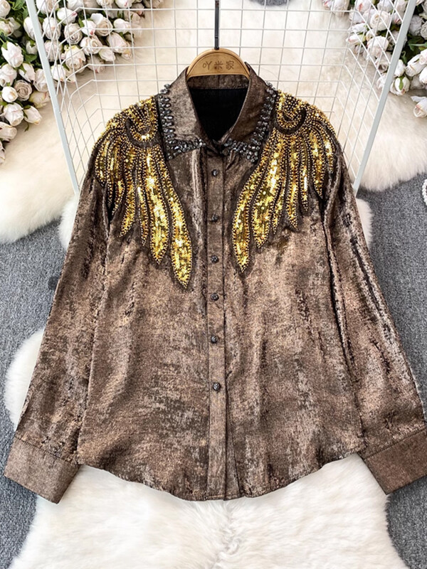 XFPV női gyémánt flitteres bő, egysoros blúz hajtóka, hosszú ujjú könnyű ingek 2024 tavaszi nyár SM10837