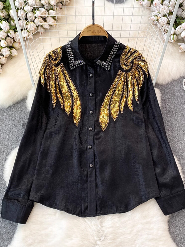 XFPV női gyémánt flitteres bő, egysoros blúz hajtóka, hosszú ujjú könnyű ingek 2024 tavaszi nyár SM10837