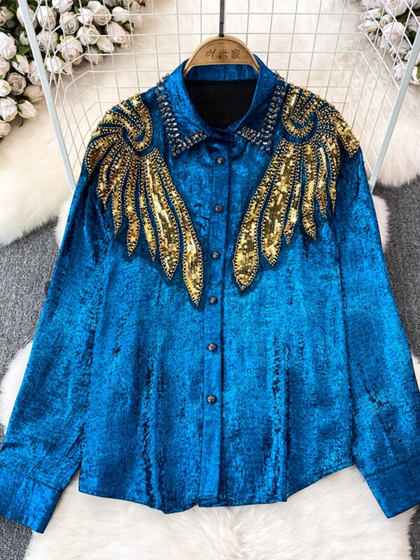 XFPV női gyémánt flitteres bő, egysoros blúz hajtóka, hosszú ujjú könnyű ingek 2024 tavaszi nyár SM10837