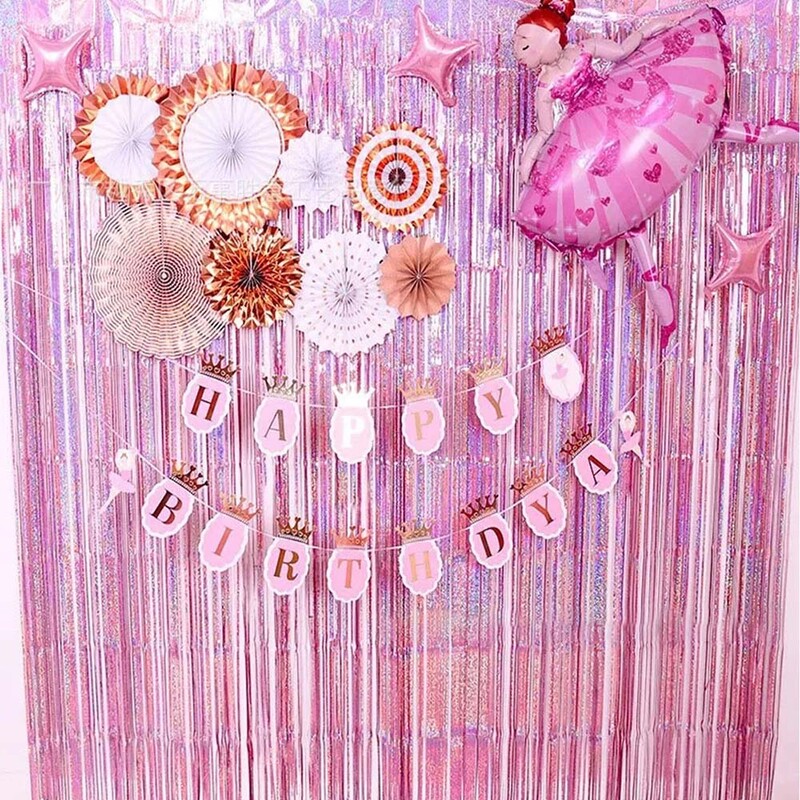 1 M * 2 M Lāzerlietus zīda aizkari dzimšanas dienas ballīte un pirmā gada ainas noformējums Durvju kāzu skatuves fona sienas pušķis