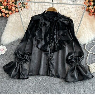 Vintage tömör női blúzok Elegáns acetát szatén állvány gallér kiszélesedő ujjú dizájn Új elegáns, édes laza fodros női mujer