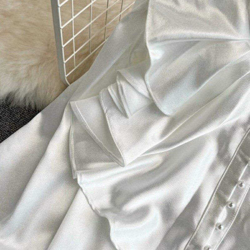 Vintage tömör női blúzok Elegáns acetát szatén állvány gallér kiszélesedő ujjú dizájn Új elegáns, édes laza fodros női mujer