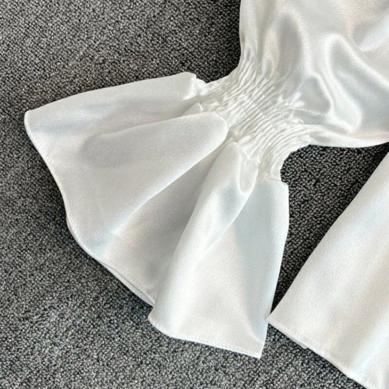 Vintage tömör női blúzok Elegáns acetát szatén állvány gallér kiszélesedő ujjú dizájn Új elegáns, édes laza fodros női mujer