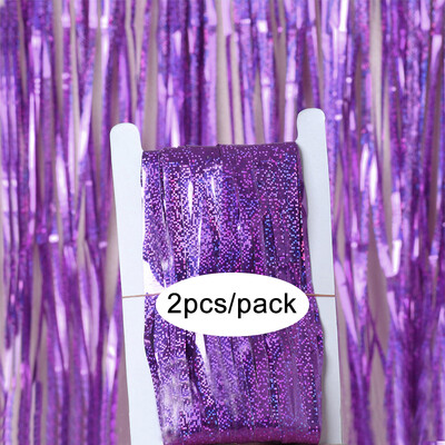 Pachet de 2 perdele din folie argintiu, negru, aur, roz, aur, sclipici, draperii cu franjuri, pentru decorațiuni de fundal pentru petrecerea de nuntă.