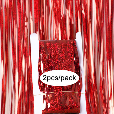 Pachet de 2 perdele din folie argintiu, negru, aur, roz, aur, sclipici, draperii cu franjuri, pentru decorațiuni de fundal pentru petrecerea de nuntă.