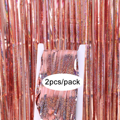 Pachet de 2 perdele din folie argintiu, negru, aur, roz, aur, sclipici, draperii cu franjuri, pentru decorațiuni de fundal pentru petrecerea de nuntă.