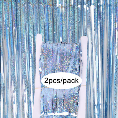 Pachet de 2 perdele din folie argintiu, negru, aur, roz, aur, sclipici, draperii cu franjuri, pentru decorațiuni de fundal pentru petrecerea de nuntă.