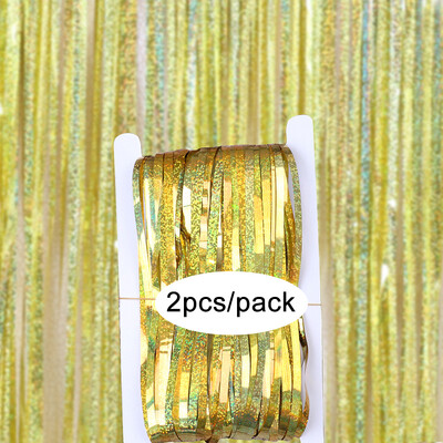 Pachet de 2 perdele din folie argintiu, negru, aur, roz, aur, sclipici, draperii cu franjuri, pentru decorațiuni de fundal pentru petrecerea de nuntă.