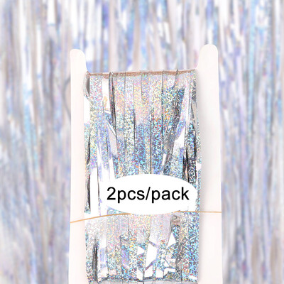 Pachet de 2 perdele din folie argintiu, negru, aur, roz, aur, sclipici, draperii cu franjuri, pentru decorațiuni de fundal pentru petrecerea de nuntă.