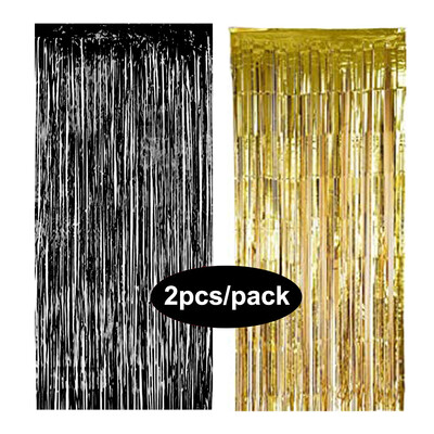 Pachet de 2 perdele din folie argintiu, negru, aur, roz, aur, sclipici, draperii cu franjuri, pentru decorațiuni de fundal pentru petrecerea de nuntă.
