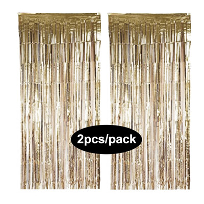 Pachet de 2 perdele din folie argintiu, negru, aur, roz, aur, sclipici, draperii cu franjuri, pentru decorațiuni de fundal pentru petrecerea de nuntă.