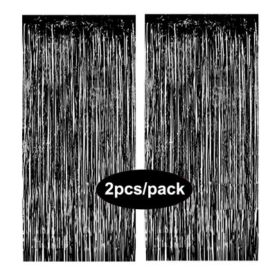 Pachet de 2 perdele din folie argintiu, negru, aur, roz, aur, sclipici, draperii cu franjuri, pentru decorațiuni de fundal pentru petrecerea de nuntă.