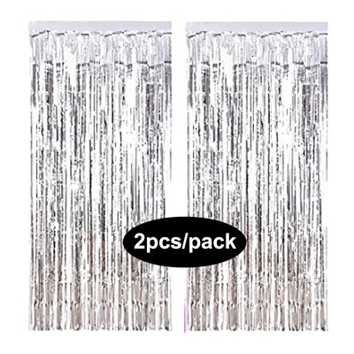 Pachet de 2 perdele din folie argintiu, negru, aur, roz, aur, sclipici, draperii cu franjuri, pentru decorațiuni de fundal pentru petrecerea de nuntă.