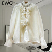 EWQ divat fodros, toldott blúz nőknek Elegáns fodros gallér egyszínű hosszú ujjú ruházat 2024 nyári új 27C797