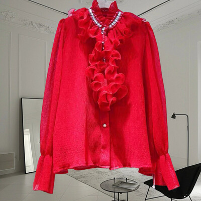 EWQ divat fodros, toldott blúz nőknek Elegáns fodros gallér egyszínű hosszú ujjú ruházat 2024 nyári új 27C797