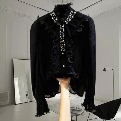 EWQ divat fodros, toldott blúz nőknek Elegáns fodros gallér egyszínű hosszú ujjú ruházat 2024 nyári új 27C797