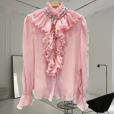 EWQ divat fodros, toldott blúz nőknek Elegáns fodros gallér egyszínű hosszú ujjú ruházat 2024 nyári új 27C797