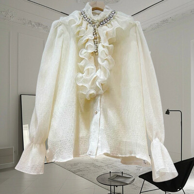 EWQ divat fodros, toldott blúz nőknek Elegáns fodros gallér egyszínű hosszú ujjú ruházat 2024 nyári új 27C797