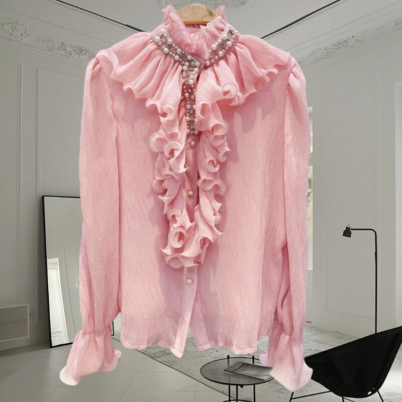 EWQ divat fodros, toldott blúz nőknek Elegáns fodros gallér egyszínű hosszú ujjú ruházat 2024 nyári új 27C797