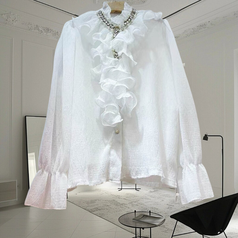 EWQ divat fodros, toldott blúz nőknek Elegáns fodros gallér egyszínű hosszú ujjú ruházat 2024 nyári új 27C797