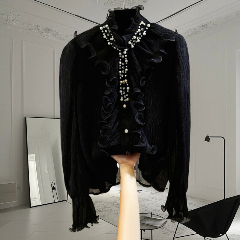 EWQ divat fodros, toldott blúz nőknek Elegáns fodros gallér egyszínű hosszú ujjú ruházat 2024 nyári új 27C797