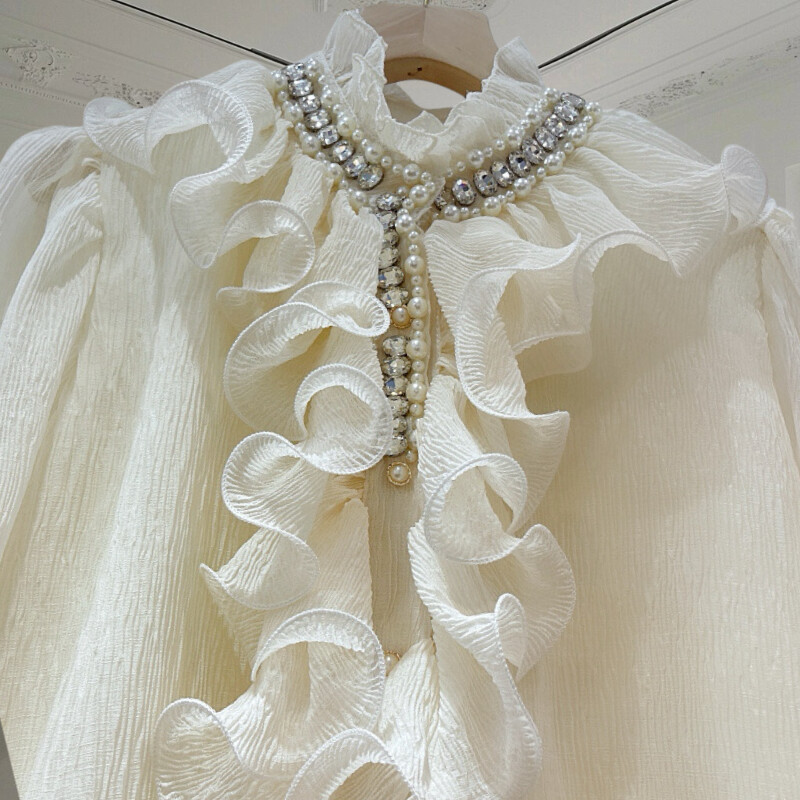 EWQ divat fodros, toldott blúz nőknek Elegáns fodros gallér egyszínű hosszú ujjú ruházat 2024 nyári új 27C797