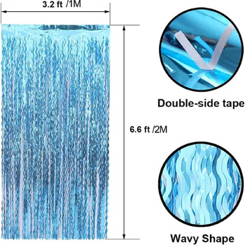 2PCS 2 * 1M завеси с пискюли от метално телено фолио в синьо, подходящи за бебешки партита, русалки, под вода, океан и замръзнало парти