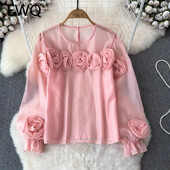 EWQ Simplicity 3D Virággal összefűzött blúz Női Alkalmi egyszínű fényvédő laza divatos felsők Ruházat 2024 Új 27X314