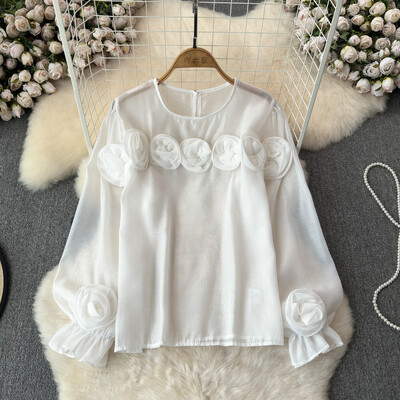 EWQ Simplicity 3D Virággal összefűzött blúz Női Alkalmi egyszínű fényvédő laza divatos felsők Ruházat 2024 Új 27X314