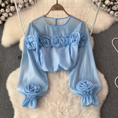 EWQ Simplicity 3D Virággal összefűzött blúz Női Alkalmi egyszínű fényvédő laza divatos felsők Ruházat 2024 Új 27X314