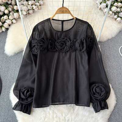 EWQ Simplicity 3D Virággal összefűzött blúz Női Alkalmi egyszínű fényvédő laza divatos felsők Ruházat 2024 Új 27X314