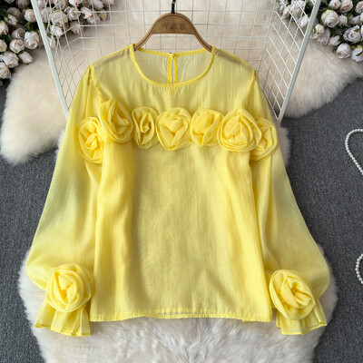 EWQ Simplicity 3D Virággal összefűzött blúz Női Alkalmi egyszínű fényvédő laza divatos felsők Ruházat 2024 Új 27X314