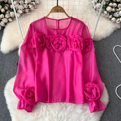 EWQ Simplicity 3D Virággal összefűzött blúz Női Alkalmi egyszínű fényvédő laza divatos felsők Ruházat 2024 Új 27X314