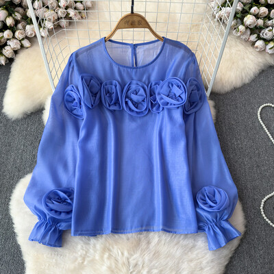 EWQ Simplicity 3D Virággal összefűzött blúz Női Alkalmi egyszínű fényvédő laza divatos felsők Ruházat 2024 Új 27X314