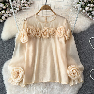 EWQ Simplicity 3D Virággal összefűzött blúz Női Alkalmi egyszínű fényvédő laza divatos felsők Ruházat 2024 Új 27X314