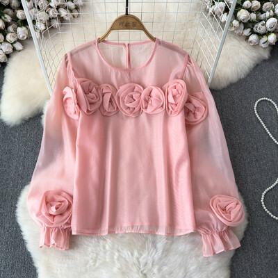 EWQ Simplicity 3D Virággal összefűzött blúz Női Alkalmi egyszínű fényvédő laza divatos felsők Ruházat 2024 Új 27X314