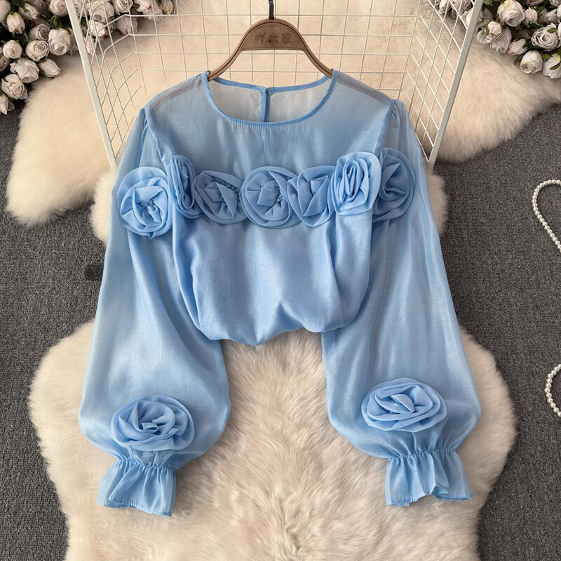 EWQ Simplicity 3D Virággal összefűzött blúz Női Alkalmi egyszínű fényvédő laza divatos felsők Ruházat 2024 Új 27X314